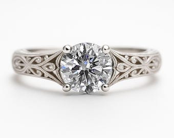 Antique Round Lab Grown Diamond Engagement Ring | Solid Gold Lab Diamond Solitaire Ring | Unique Filigree Ring | Promise Ring Hand Engraved