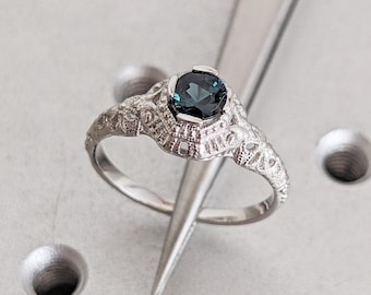 Art Nouveau Sapphire Engagement Ring, Blue Green Sapphire Ring, Platinum Ring, Antique Rings for Women, Cocktail Ring, Vintage Style Ring
