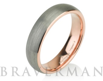 Wolfraam ring geborsteld zilver met Rose Gold Comfort fit band, herenring, heren trouwring