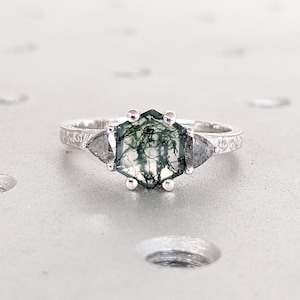 1ct Natural Moss Agate Gold Ring | Hexagon Engagement Ring | Nature Inspired Vintage Ring | Green Healing Gemstone Ring | Promise Ring Women