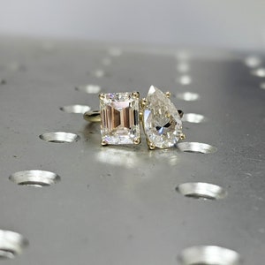 2.5 Carat Double Stone Engagement Ring Pear Cut and Emerald Cut Moissanite Two Stone Wedding Ring 14K White Yellow Rose Gold image 3