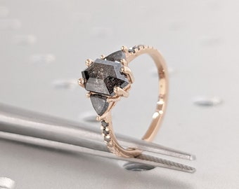 Hexagon cut Natural Salt and Pepper Grey Diamond Women Engagement Cocktail Ring | 14K 18K Rose Gold Half Eternity Ring | Bridal Jewelry