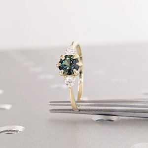 Vintage Blauer Saphir Verlobungsring | Einzigartige Runde Massiv 14k Gold Blau Grün Saphir Ring | Diamant Hochzeitsversprechen Ring Jubiläumsring