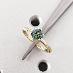 Natural Teal Sapphire Engagement Ring | Unique Round Blue Green Sapphire Ring | Solid 14k/18k Gold Solitaire Wedding Bridal Anniversary Ring