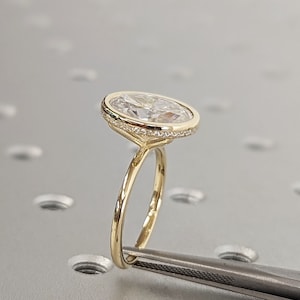 4ct Oval Moissanite Solitaire 14K Yellow Gold Diamond Hidden Halo Engagement Ring