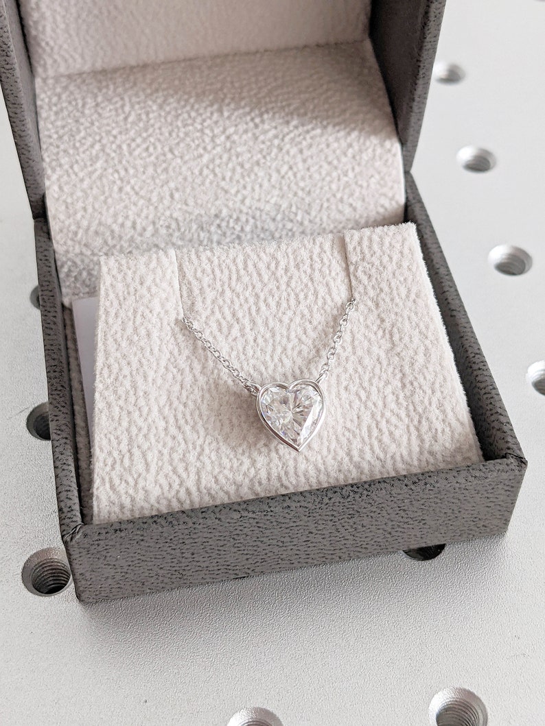 2ct Heart Shape Moissanite Solitaire Women Necklace |  14K White Gold 42cm Length Chain | Bezel set Dainty Diamond Pendant | Birthday Gift