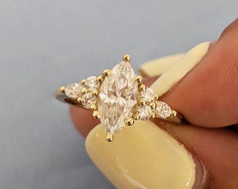 Lab Created Diamond Anniversary Ring, Dainty 14k Yellow Gold Ring, Lab Diamond Ring, Marquise Engagement Ring, Diamond Cluster Wedding Ring