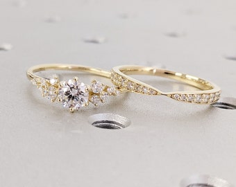 14K Gelbgold CVD Lab Diamant, Schneeverwehung Moissanit Frauen Vorschlag Ring | Klassische 6 Zinken | Einzigartige Fliege Passender Kurve Ehering