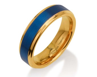 Blue Tungsten Ring For Men, Blue Tungsten Wedding Ring, Blue And Yellow Gold Ring, Yellow Gold Band With Blue, Wedding Band Yellow Gold