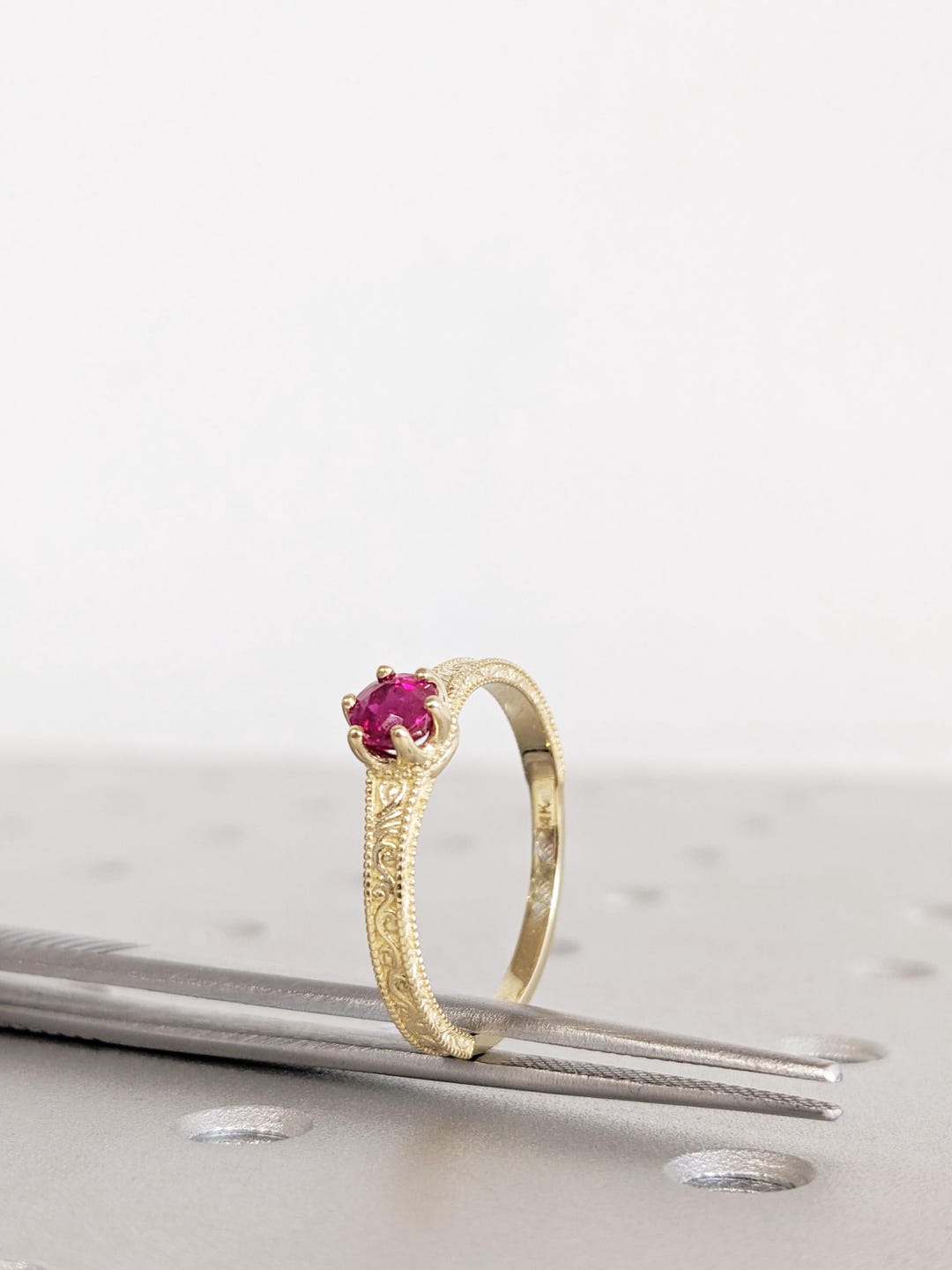 Round Lab-created Ruby Engagement Ring, 14K Yellow Gold Milgrain Band ...