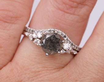 14k White Gold Salt and Pepper Diamond Engagement Ring Set, Bridal Jewelry