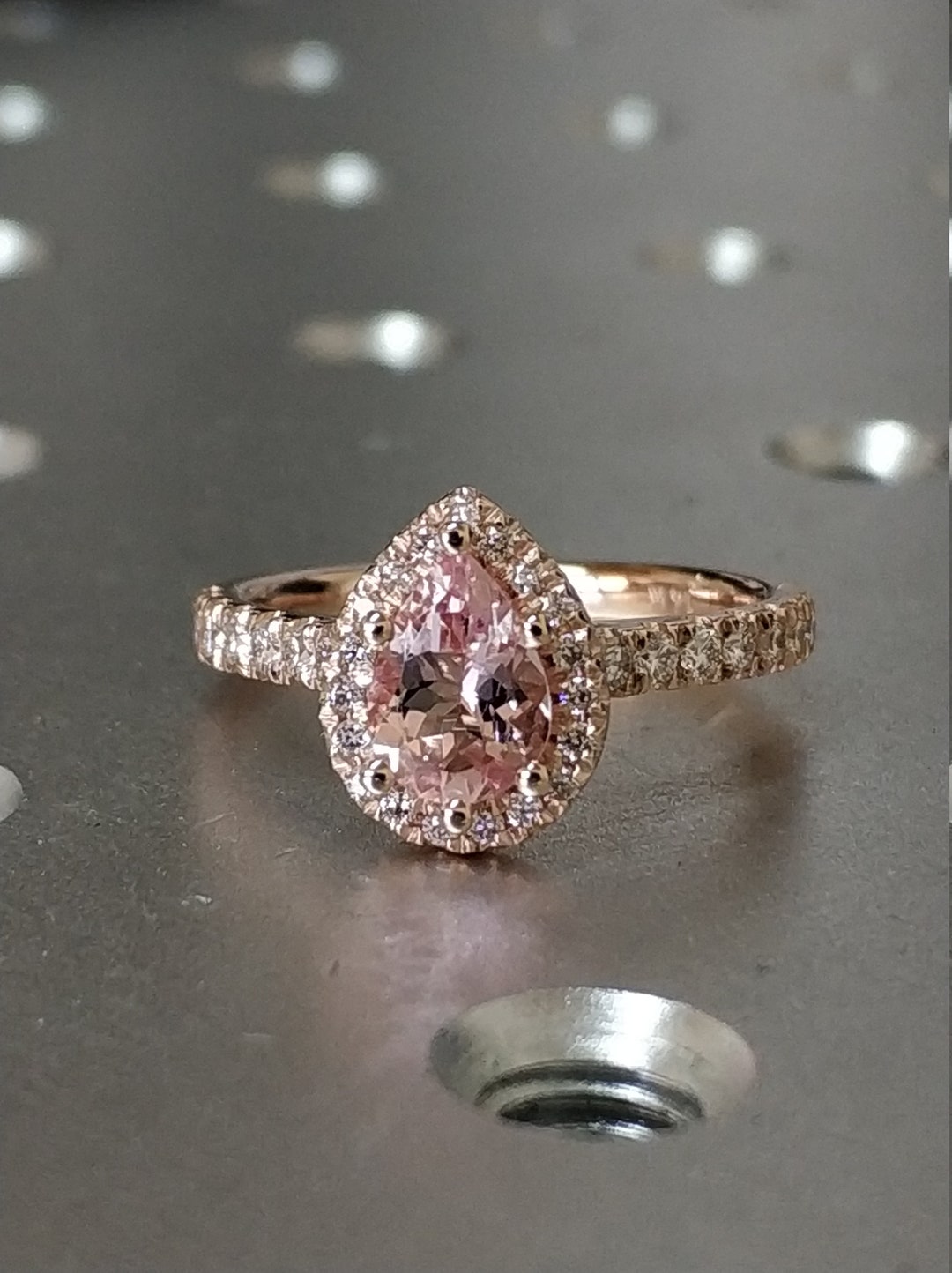 14k Rose Gold Tear of Joy Pear Halo Pear Morganite and Diamond Ring ...