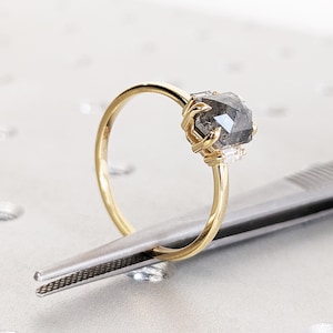 Grey Galaxy Salt & Pepper Diamond Engagement Ring, Hexagon Ring, Baguette Moissanite, Solid Gold Rose Cut Diamond Ring, Unique Proposal Ring