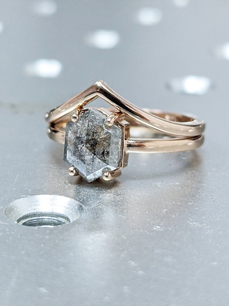 Raw Diamond, Salt and Pepper, Hexagon, Unique Engagement Ring, Rose Cut Geometric Diamond Ring, 14k Gold, Custom Handmade image 6