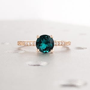 Vintage Emerald Engagement Ring, Rose Gold Ring, Round Cut Wedding Ring, Art Deco Lab Emerald Ring, Unique Anniversary Ring, May Birthstone