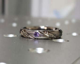 Amethyst Womens Titanium Wedding Band, Comfort Fit, Shiny Polish,Brushed Polish, Grooved, Two Tone,Wedding Ring, Wedding Band,Hers