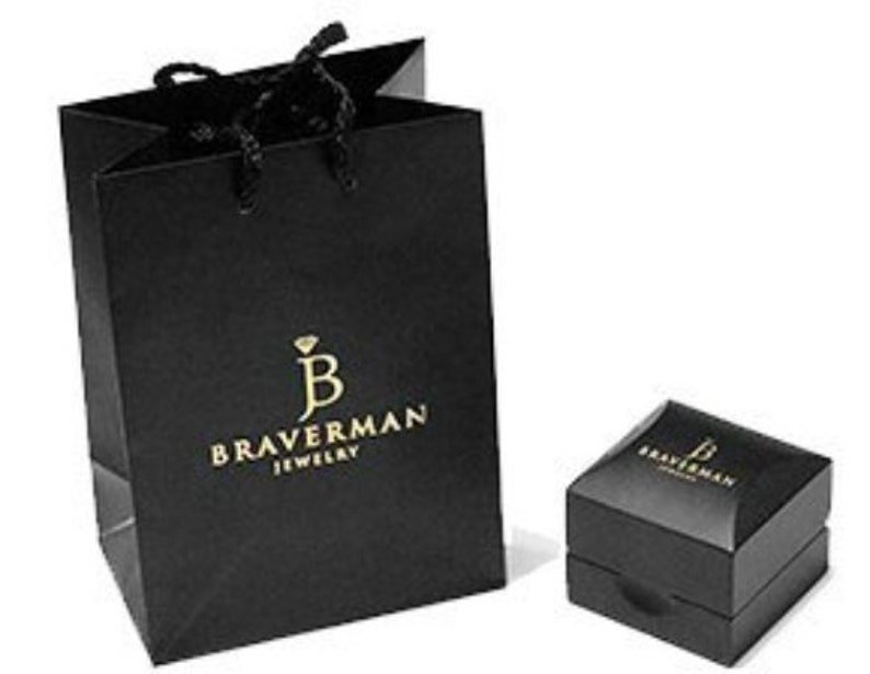May include: A black gift bag with a gold logo that says "Braverman Jewelry" and a smaller black box with a gold logo that says "Braverman".