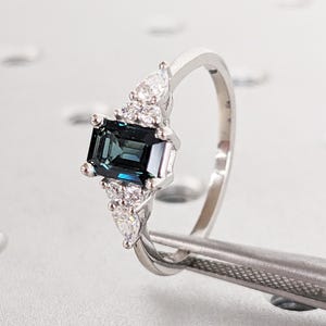 Teal Sapphire Ring | Vintage Emerald Cut Engagement Ring | Platinum or Solid Gold Ring | Unique Antique Wedding Ring | Promise Ring for Her