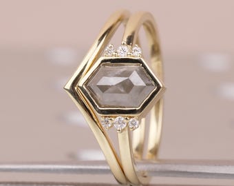 Bridal Ring Set for Women, 14k Gold Vintage Diamond Engagement Ring, Stackable Rings