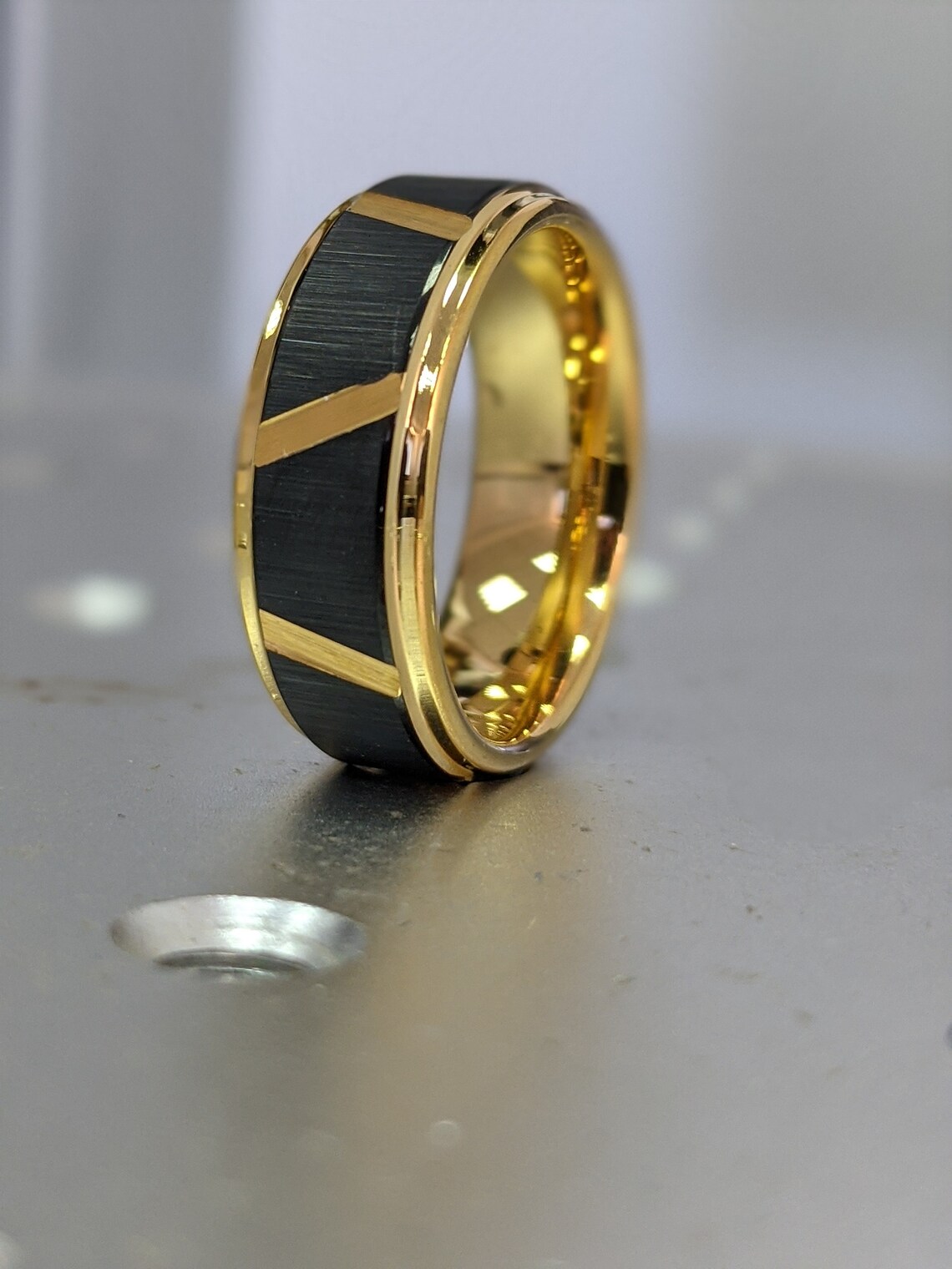 Tungsten Ring Black and Yellow Brushed With Unique Earth Marks Etsy