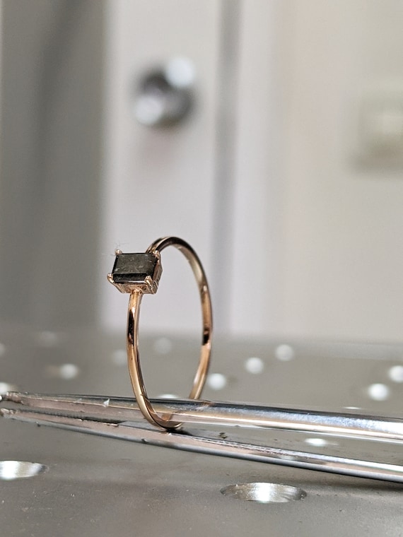 Solitaire Emerald Diamond Ring, Unique Salt And Pepper Emerald Cut Diamond Ring, Antique Inspired Emerald Diamond Ring