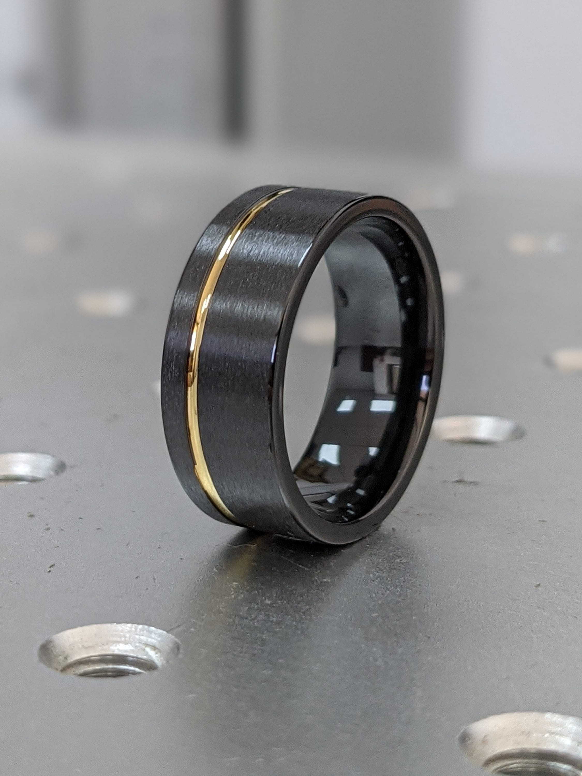Mens Wedding Bands - Black Zirconium With 14k Gold. Black