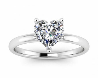 Witgouden klassieke hartvormige moissanite dunne ring, petite klassieke band, delicate, moissanite verlovingsring aura