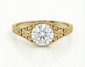 Vintage filigraan lab-gegroeide diamanten ring | Rond geslepen diamanten verlovingsring | 14K massief gouden art-decotrouwring | Ring in antieke stijl