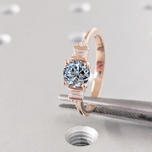 Rund Aquamarin Verlobungsring | Labradorit Aquamarin und Naturdiamant Braut Eheringe für Frauen | Rosegold Edelstein-Jubiläumsring