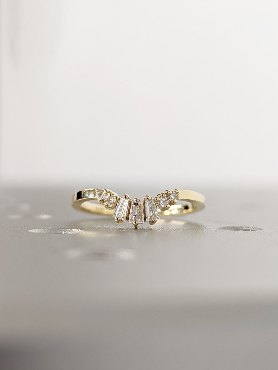 Moissanite Curved Wedding Band Yellow Gold Chevron Band Vintage ...