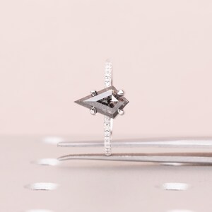 Puede incluir: Un anillo de plata con un diamante &uacute;nico en forma de cometa, sal y pimienta. La banda del anillo est&aacute; adornada con peque&ntilde;os diamantes brillantes. El diamante est&aacute; sujeto por cuatro garras de plata. Una pieza de joyer&iacute;a fina.