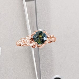Rose Gold Engagement Ring | Teal Sapphire Solitaire Ring | 18k Gold Sapphire Wedding Ring | Round Sapphire Promise Anniversary Ring for Her