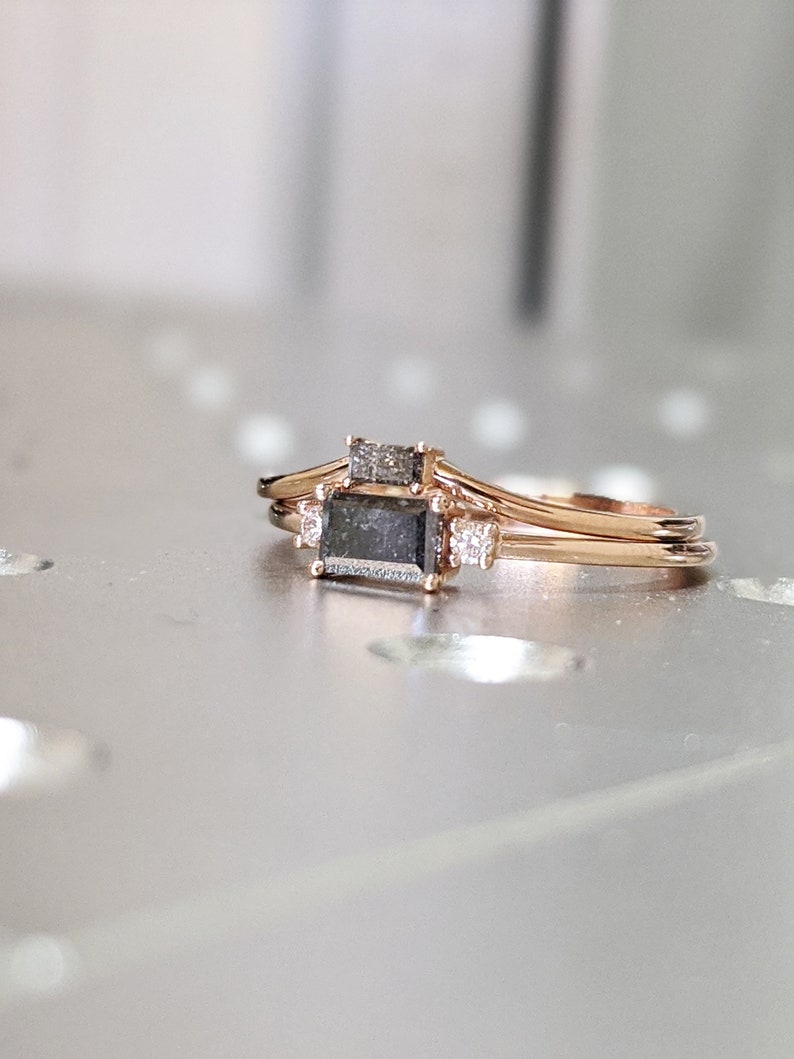 Emerald Baguette Raw Salt and Pepper Diamond Gold Engagement Etsy