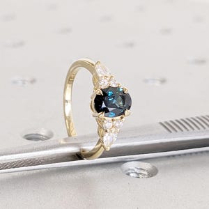 Oval cut Natural Blue Green Sapphire Ring | Teal Sapphire Engagement Ring | 14k Gold Engagement Ring | Art Deco Promise Ring Gift for Her