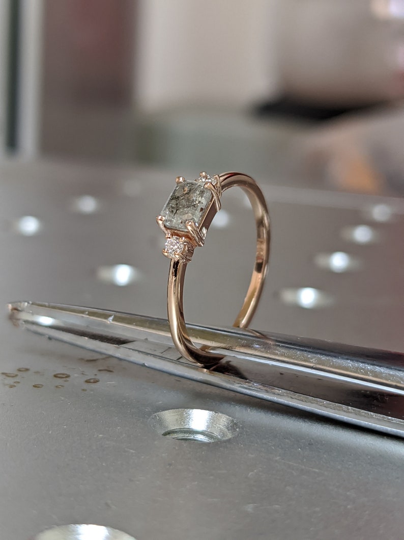 Baguette Emerald Raw Salt and Pepper Diamond Gold Engagement Etsy