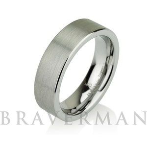 Tungsten Ring - Classic Flat Style Solid Mens Wedding Band - 6mm Brushed Polish - Satin Finish - Comfort Fit - Braverman
