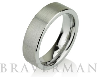 Tungsten Ring - Classic Flat Style Solid Mens Wedding Band - 6mm Brushed Polish - Satin Finish - Comfort Fit - Braverman