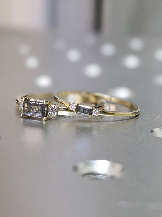 Baguette Ring / 14k Solid Gold Baguette Salt And Pepper Diamond Engagement Ring / Stacking Ring Dainty Diamond Ring / Baguette Diamond Ring