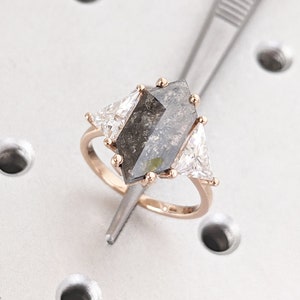 2.5ct Natural Grey Diamond Salt and Pepper Engagement Ring | Elongated Hexagon cut Ring | 14k Rose Gold Rings for Women | Triangle Diamond