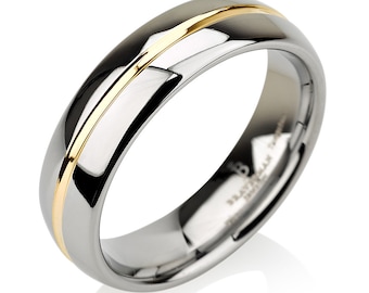 Tungsten Wedding Band,Yellow Gold Inlay,Tungsten Wedding Ring,Tungsten Ring,Mens Tungsten Ring,Dome Shaped 6mm Custom Laser Engraving