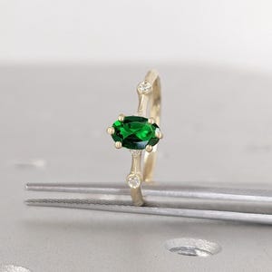 Emerald Gold Ring | Women 14k Solid Gold Oval Cut Emerald Band | Green Gemstone Ring | Multi Stone Statement Ring in Yellow Rose White Gold