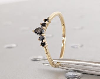Anillo de bodas para mujer, anillo de bodas con diamantes en color sal y pimienta, delicado anillo de oro de 18 quilates, anillo de bodas Art Déco, anillo de diamantes único, anillo apilable