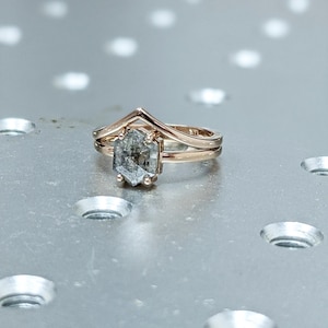 Raw Diamond, Salt and Pepper, Hexagon, Unique Engagement Ring, Rose Cut Geometric Diamond Ring, 14k Gold, Custom Handmade image 7