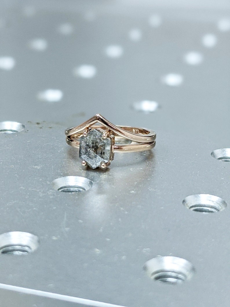 Raw Diamond, Salt and Pepper, Hexagon, Unique Engagement Ring, Rose Cut Geometric Diamond Ring, 14k Gold, Custom Handmade image 7