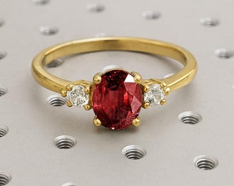 Oval Cut Ruby Engagement Ring, 14k Yellow Gold Ring, Diamond, Lab Ruby Ring for Women, July Birthstone Ring, Art Deco Jewelry, Gemstone Ring