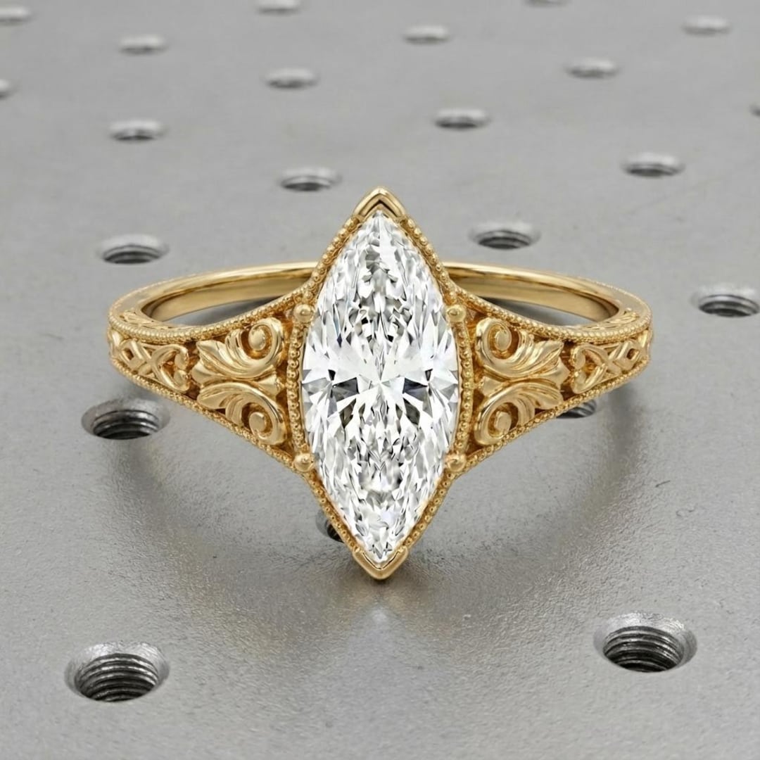 Vintage Marquise Engagement Ring, Solitaire 14k Yellow Gold Filigree ...
