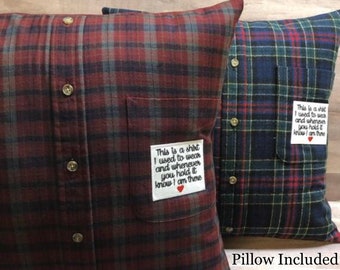 Custom Memory Pillow with pillow form included and optional patch. Keepsake Pillow handmade from your shirt or the shirt of a loved one.