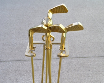 Un conjunto de herramientas de chimenea de palo de golf de latón figural único de 5 piezas / Novedad deportiva de golfista / Herramientas de chimenea de palo de golf de latón