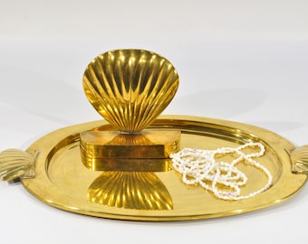 Large Brass Tray with Seashell Handles & One Brass Seashell Bookend