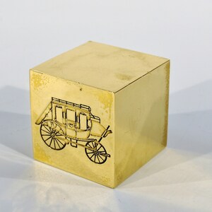 Unique Mid Century Brass Cube Paperweight Wells Fargo Logo/Carriage Logo